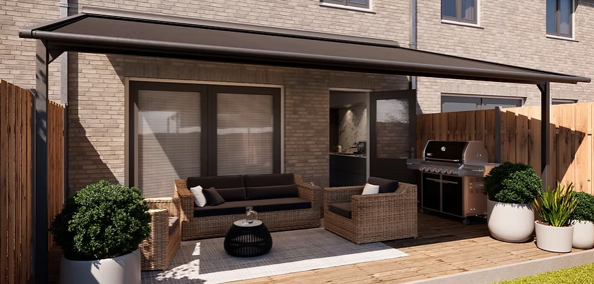 Terrasoverkapping met doek geplaatst door VS Sunsystems
